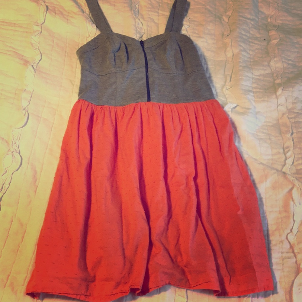 Grey and coral sundress, zipper front detail